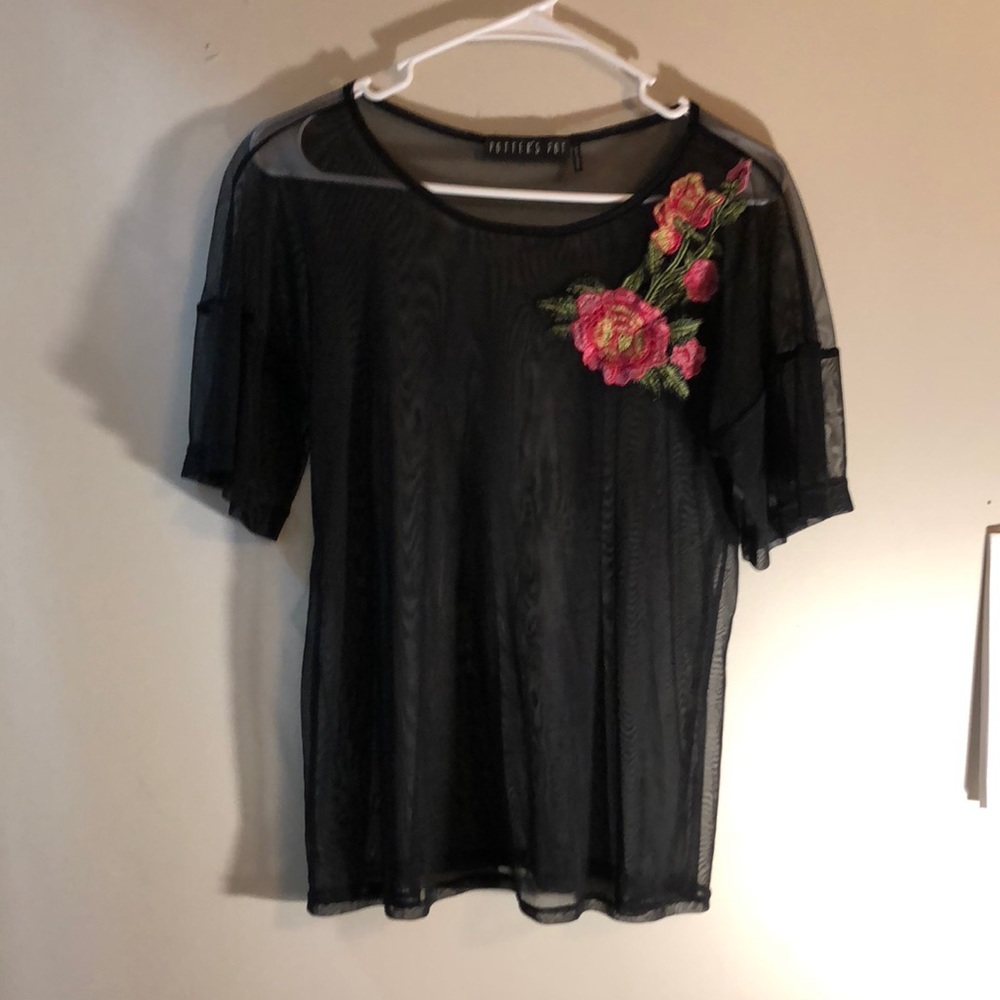 Sheer/mesh T-shirt with a flower embroidered